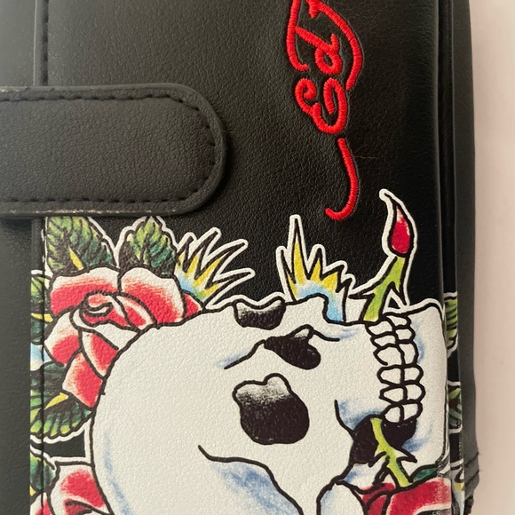 Ed Hardy Black Wristlet with Skull and Floral Design - Picture 2 of 7
